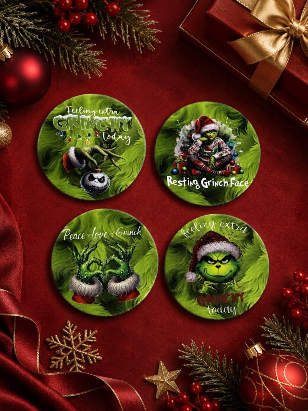 NWT Funny Christmas Coaster Set | Holiday Drink Coasters | Grinch-Inspired Decor